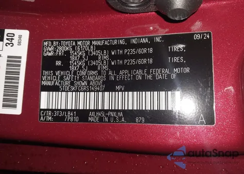 2024 Toyota Sienna Platinum из США, поврежденный, VIN 5TDESKFC6RS149407